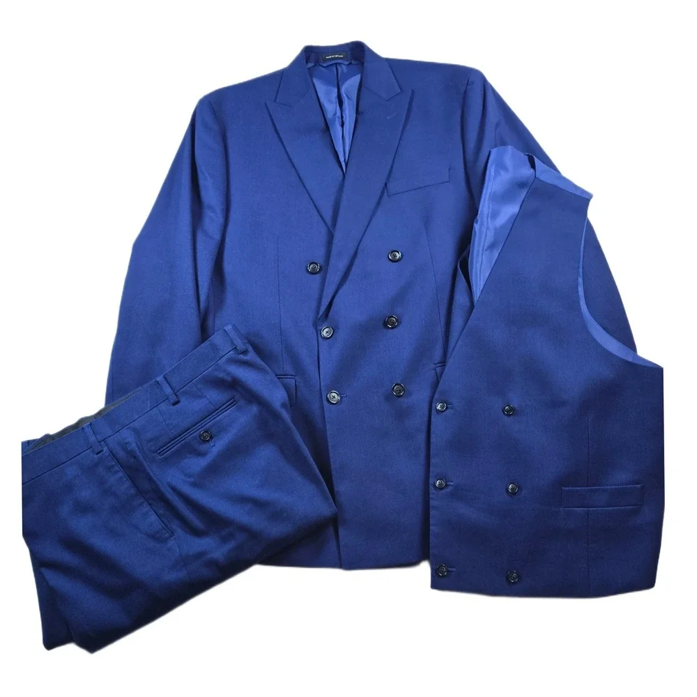 Sean John Double Breasted 3 Piece Suit Mens 44L Pants 38x31 Royal Blue w/Vest